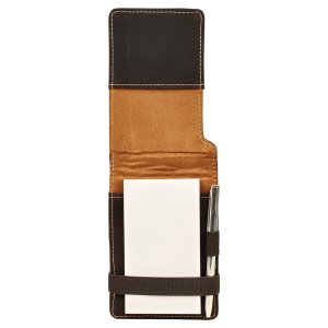 3 1/4" x 4 3/4" Black/Gold Engraved Faux Leather Mini Notepad with Pen - Open view
