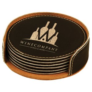 4" Black/Gold Round Engraved Faux Leather 6-Coaster Set - Angle view