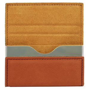 3 3/4" x 2 3/4" Rawhide Engraved Faux Leather Hard Business Card Holder - Open view