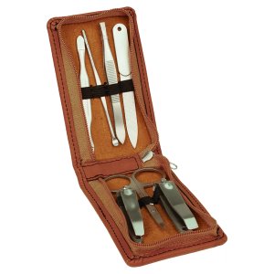 7-Piece Rawhide Engraved Faux Leather Manicure Gift Set - Open view