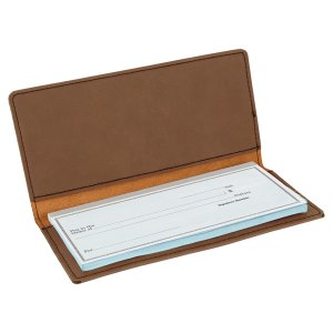 6 3/4" x 3 1/2" Dark Brown Engraved Faux Leather Checkbook Cover - Open view