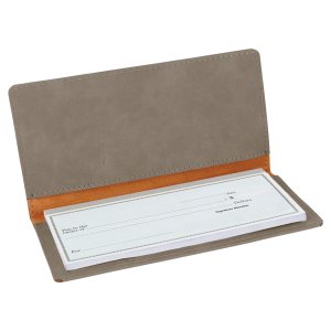 6 3/4" x 3 1/2" Gray Engraved Faux Leather Checkbook Cover - Open view