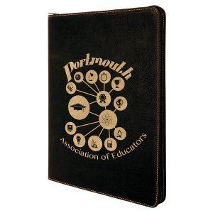 9 1/2" x 12" Black/Gold with Zipper Engraved Faux Leather Portfolio with Notepad - Angle view