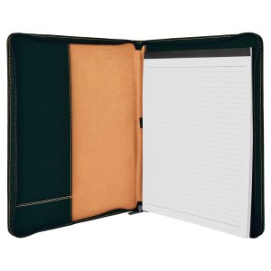 9 1/2" x 12" Black/Gold with Zipper Engraved Faux Leather Portfolio with Notepad - Open view