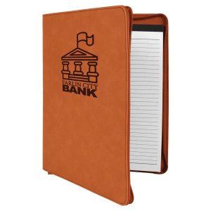 9 1/2" x 12" Rawhide with Zipper Engraved Faux Leather Portfolio with Notepad - Angle 2 view