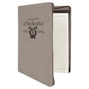 9 1/2" x 12" Gray with Zipper Engraved Faux Leather Portfolio with Notepad - Angle 2 view