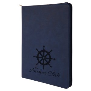 9 1/2" x 12" Blue/Black with Zipper Engraved Faux Leather Portfolio with Notepad - Angle view