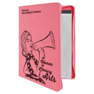 9 1/2" x 12" Pink with Zipper Engraved Faux Leather Portfolio with Notepad - Angle 2 view