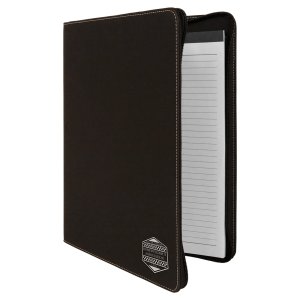 9 1/2" x 12" Black/Silver w/ Zipper Engraved Faux Leather Portfolio with Notepad - Angle view