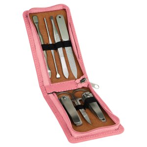 7-Piece Pink Engraved Faux Leather Manicure Gift Set - Open view