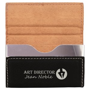 3 3/4" x 2 3/4" Black/Silver Engraved Faux Leather Hard Business Card Holder - Open 2 view