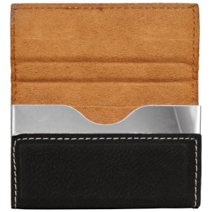 3 3/4" x 2 3/4" Black/Silver Engraved Faux Leather Hard Business Card Holder - Open view