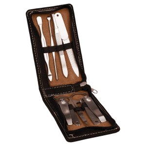 7-Piece Black/Silver Engraved Faux Leather Manicure Gift Set - Open view