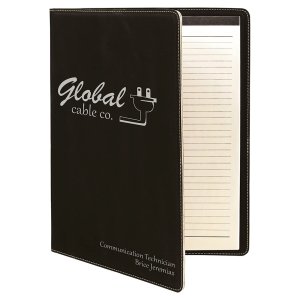 9 1/2" x 12" Black/Silver Engraved Faux Leather Portfolio with Notepad - Angle view