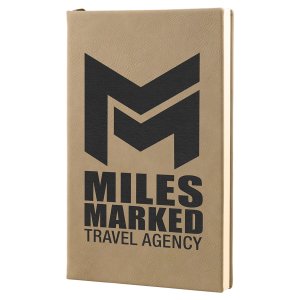 5 1/4" x 8 1/4" Light Brown Engraved Faux Leather Journal with Lined Notepad - Angle view