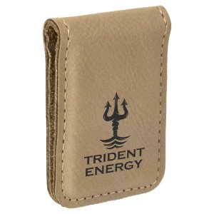 1 3/4" x 2 1/2" Light Brown Engraved Faux Leather Money Clip - Angle view