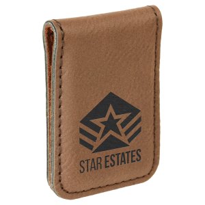 1 3/4" x 2 1/2" Dark Brown Engraved Faux Leather Money Clip - Angle view
