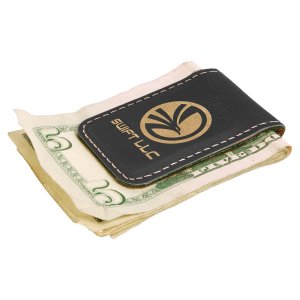1 3/4" x 2 1/2" Black/Gold Engraved Faux Leather Money Clip - Angle 2 view