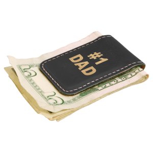 1 3/4" x 2 1/2" Black/Gold Engraved Faux Leather Money Clip - Angle 3 view
