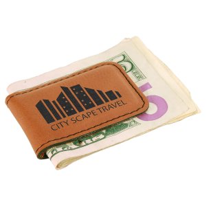 1 3/4" x 2 1/2" Rawhide Engraved Faux Leather Money Clip - Angle 3 view