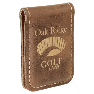 1 3/4" x 2 1/2" Rustic/Gold Engraved Faux Leather Money Clip - Angle view
