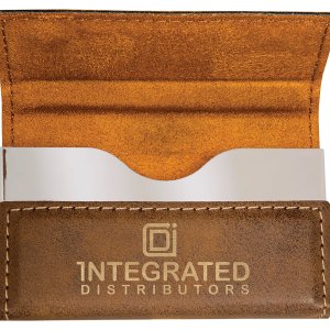 3 3/4" x 2 3/4" Rustic/Gold Engraved Faux Leather Hard Business Card Holder - Open view