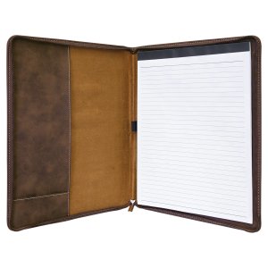 9 1/2" x 12" Rustic/Gold w/ Zipper Engraved Faux Leather Portfolio with Notepad - Open view