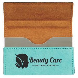 3 3/4" x 2 3/4" Teal Engraved Faux Leather Hard Business Card Holder - Open view