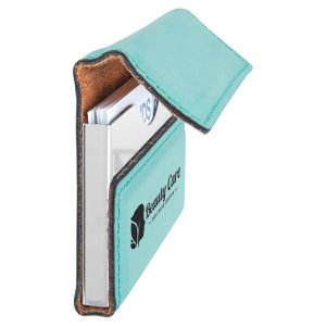 3 3/4" x 2 3/4" Teal Engraved Faux Leather Hard Business Card Holder - Side view