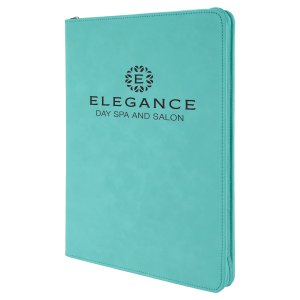 9 1/2" x 12" Teal with Zipper Engraved Faux Leather Portfolio with Notepad - Angle view