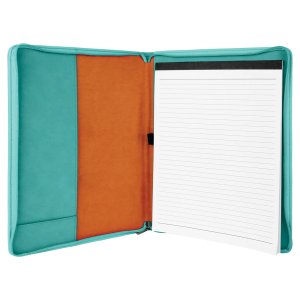 9 1/2" x 12" Teal with Zipper Engraved Faux Leather Portfolio with Notepad - Open view