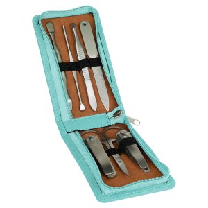 7-Piece Teal Engraved Faux Leather Manicure Gift Set - Open view
