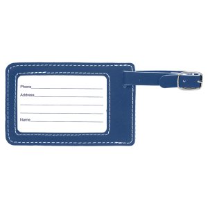 4 1/4" x 2 3/4" Blue/Silver Engraved Faux Leather Luggage Tag - Back view