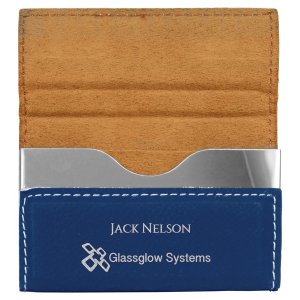 3 3/4" x 2 3/4" Blue/Silver Engraved Faux Leather Hard Business Card Holder - Open view