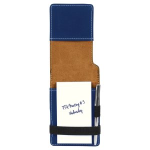 3 1/4" x 4 3/4" Blue/Silver Engraved Faux Leather Mini Notepad with Pen - Open view