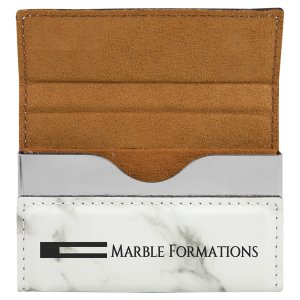 3 3/4" x 2 3/4" White Marble Engraved Faux Leather Hard Business Card Holder - Open view