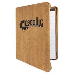 9 1/2" x 12" Bamboo with Zipper Engraved Faux Leather Portfolio with Notepad - Open view