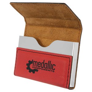 3 3/4" x 2 3/4" Red Engraved Faux Leather Hard Business Card Holder - Angle view