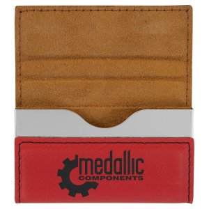 3 3/4" x 2 3/4" Red Engraved Faux Leather Hard Business Card Holder - Open view