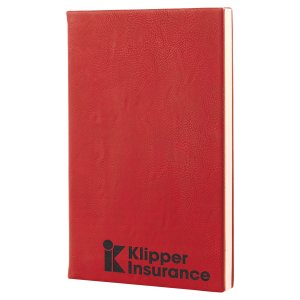 5 1/4" x 8 1/4" Red Engraved Faux Leather Journal with Lined Notepad - Angle view