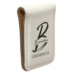 1 3/4" x 2 1/2" White Engraved Faux Leather Money Clip - Angle view