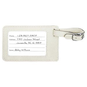 4 1/4" x 2 3/4" White/Black Engraved Faux Leather Luggage Tag - Back view