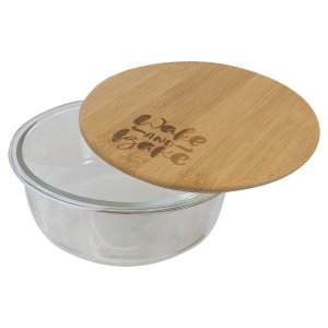 32 oz. Round Glass Container with Bamboo Lid - Open view