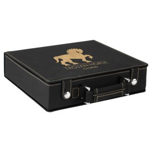 Black/Gold Engraved Faux Leather 100 Chip Poker Set - Closed view