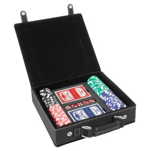Black/Gold Engraved Faux Leather 100 Chip Poker Set - Open view