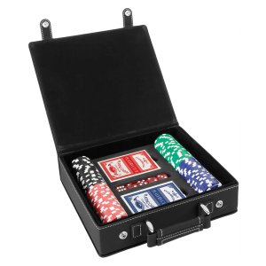 Black/Silver Engraved Faux Leather 100 Chip Poker Set - Open view