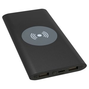 Black 8000MAH Power Bank & Wireless Anodized Aluminum Charger with USB-C Cord - Side view