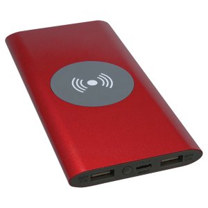 Red 8000MAH Power Bank & Wireless Anodized Aluminum Charger with USB-C Cord - Side view