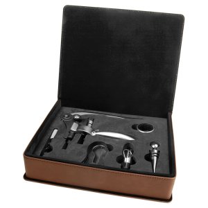 Dark Brown Engraved Faux Leather 5-Piece Wine Tool Gift Set - Open view