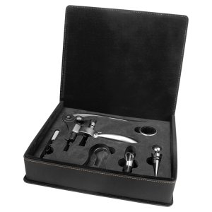 Black/Gold Engraved Faux Leather 5-Piece Wine Tool Gift Set - Open view